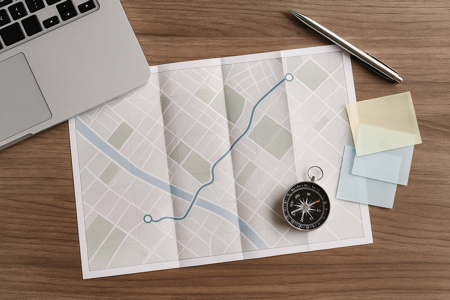 地図・コンパス・進路ラインの俯瞰写真（移行設計のイメージ、文字なし）