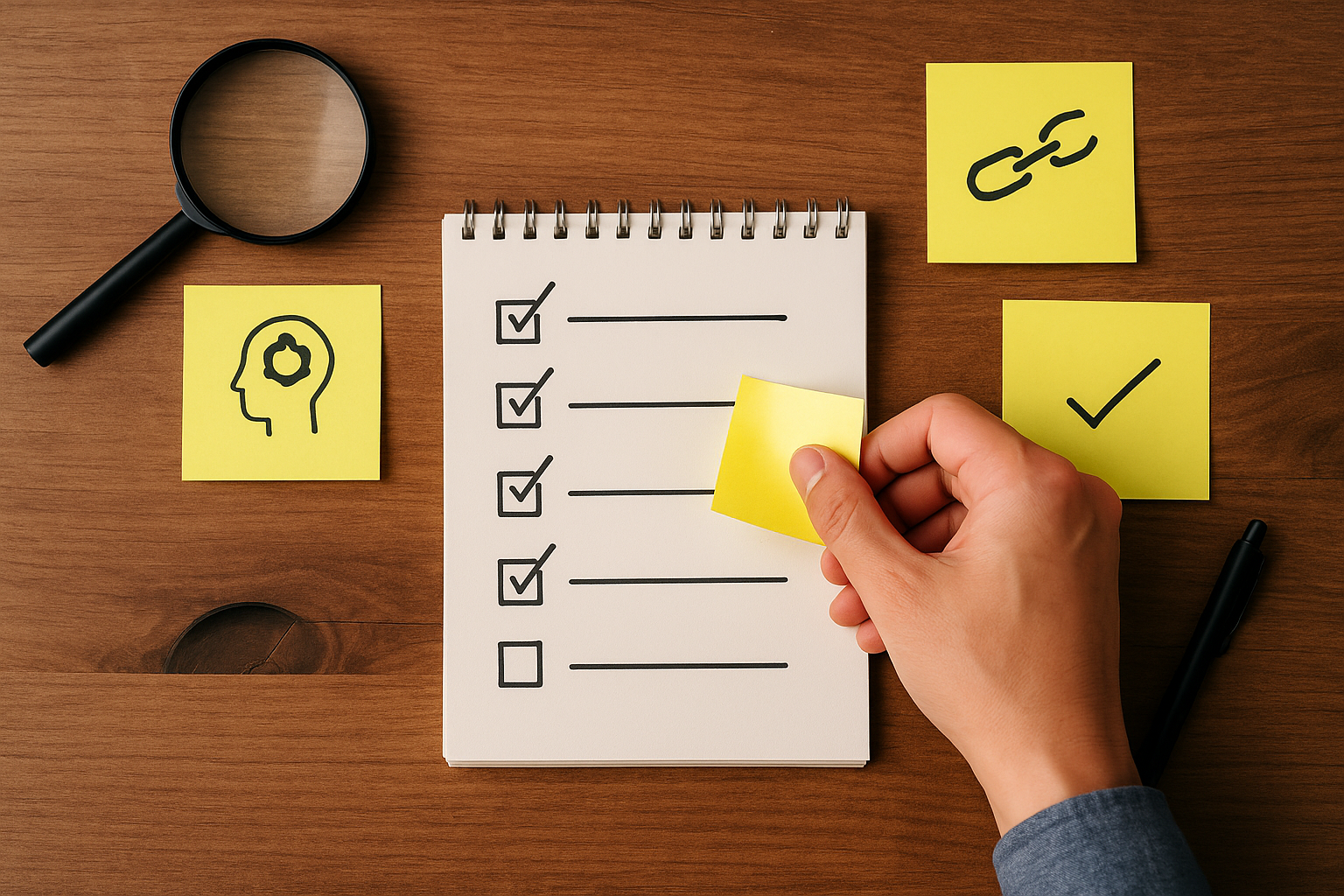 付箋・チェックリスト・ルーペが並ぶ木目デスクの俯瞰写真（思い込みを外すイメージ、文字なし）