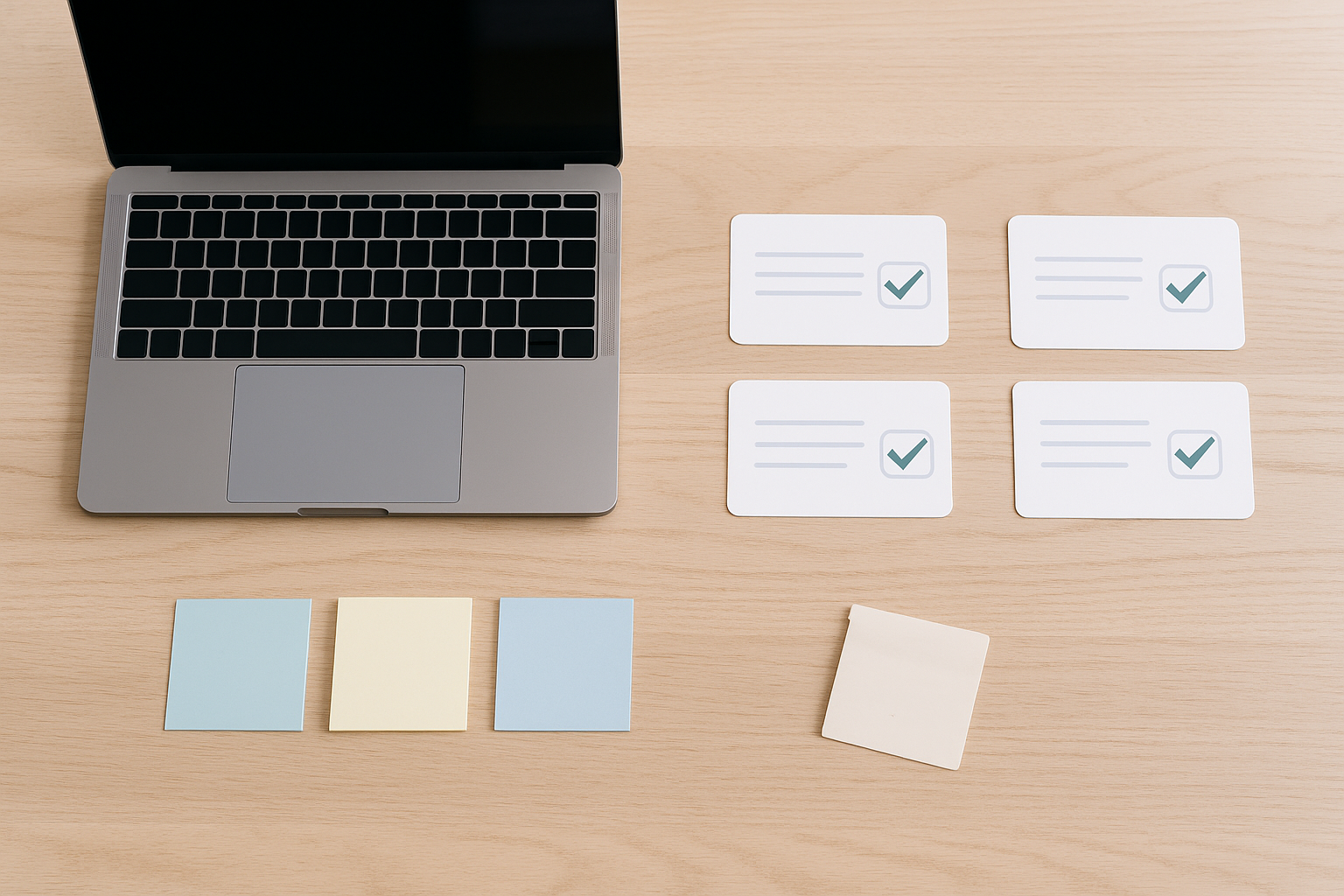 ノートPCと比較カード・チェックマークが並ぶデスクの俯瞰写真（転職サイトの使い分け／文字なし）