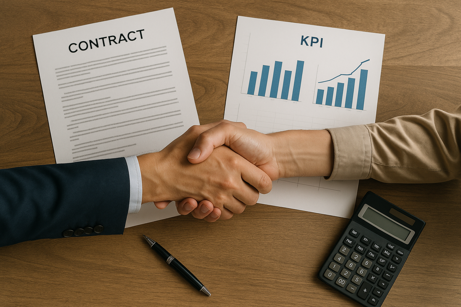 会議テーブルにノートとペン、握手する手元の俯瞰写真（利害調整・意思決定・移行計画／文字なし）