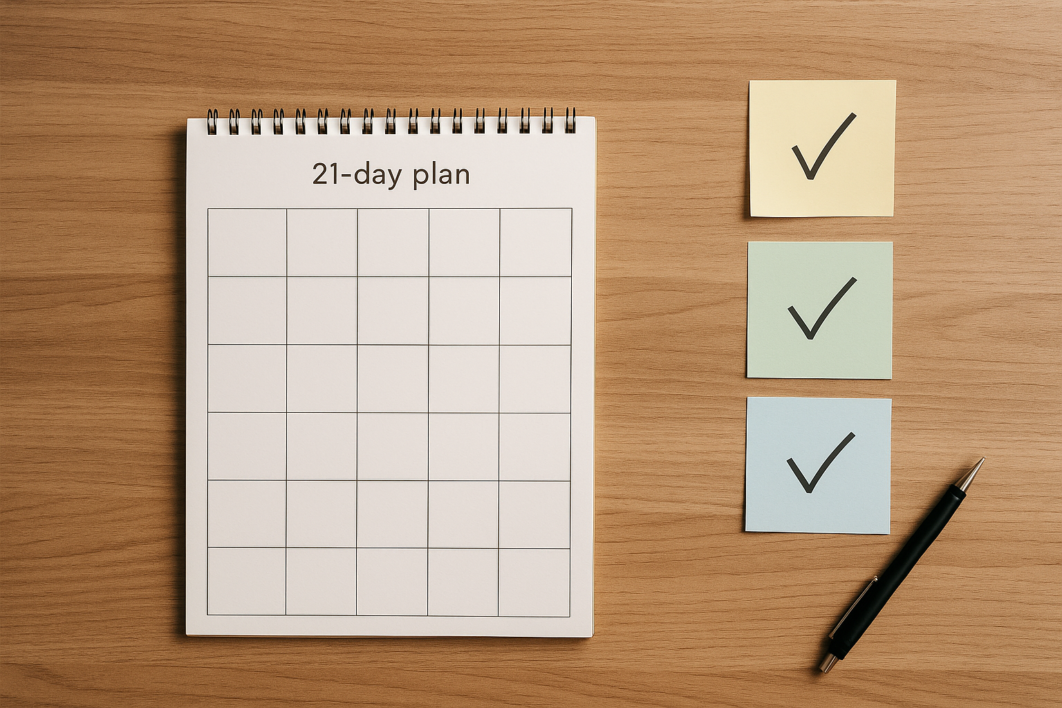ウィークリープランナーと付箋・チェックマークが並ぶ俯瞰写真（21日プラン／文字なし）