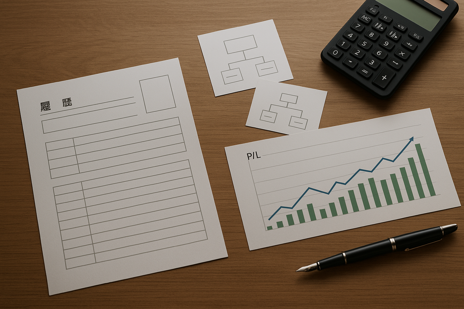 履歴書レイアウト、P/Lグラフ、組織図カード、電卓とペンが並ぶデスクの俯瞰写真（P/L×組織影響×CF×Tのイメージ、文字なし）