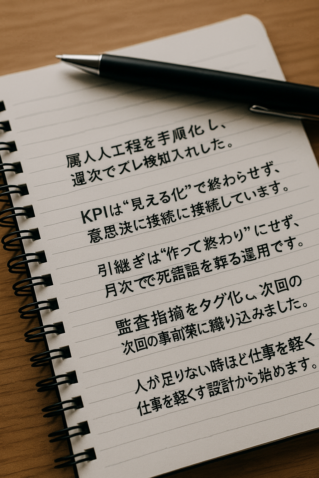 面接・書類で効くマイクロピースをノートに一行ずつ書いた写真
