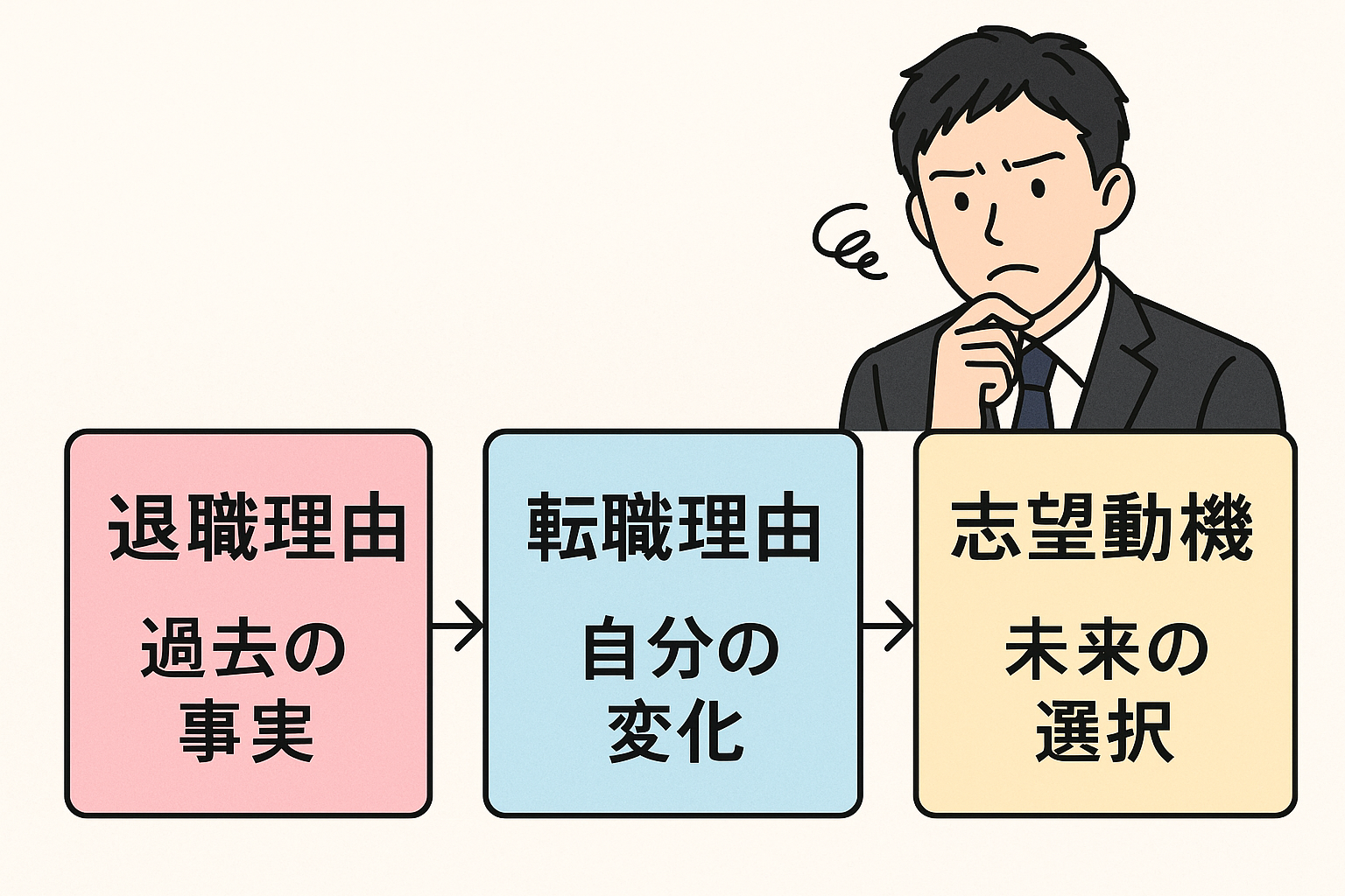 退職理由・転職理由・志望動機の違いに悩むビジネスパーソンのイラスト