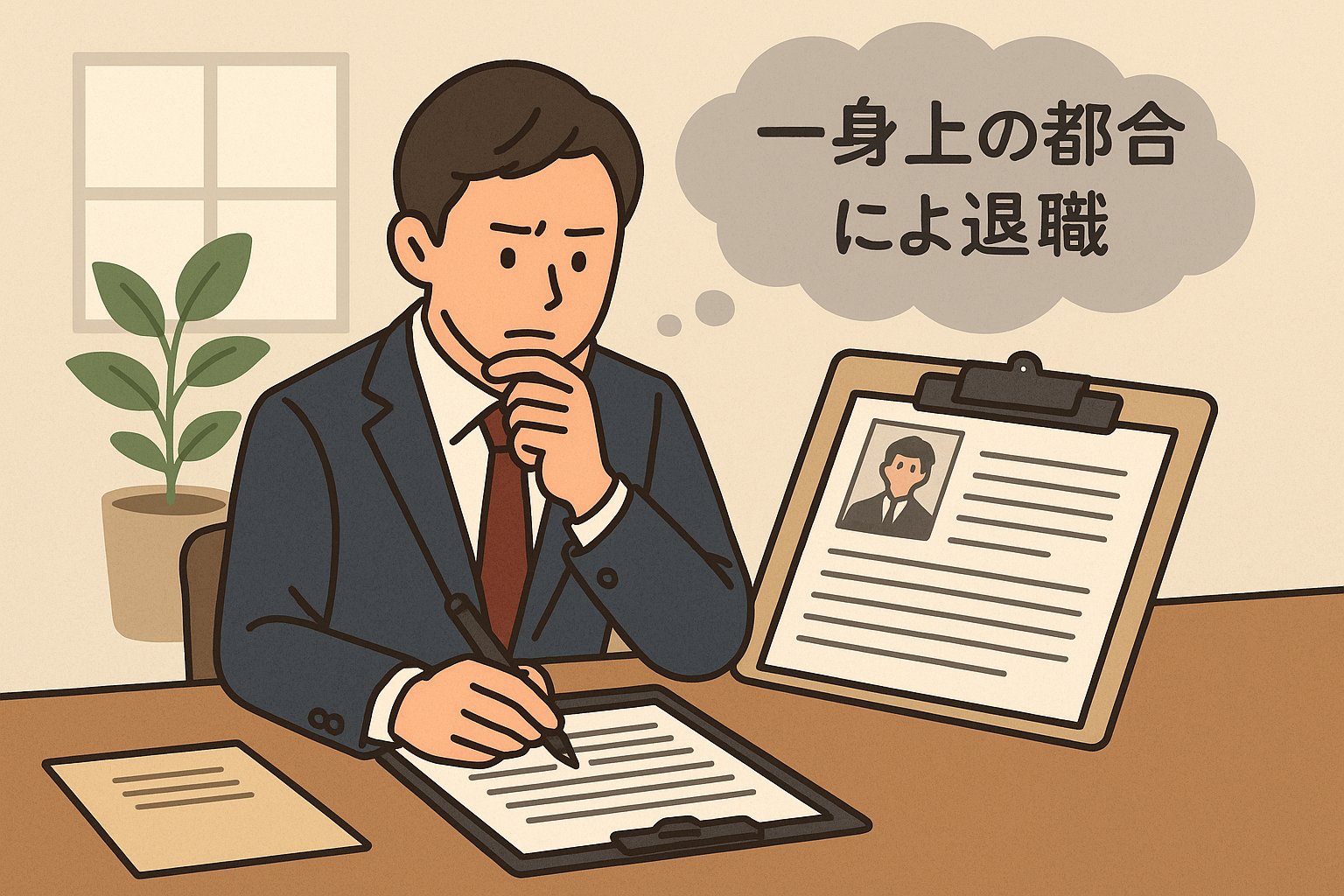 履歴書の退職理由欄に何を書くか悩んでいるビジネスパーソンのイラスト