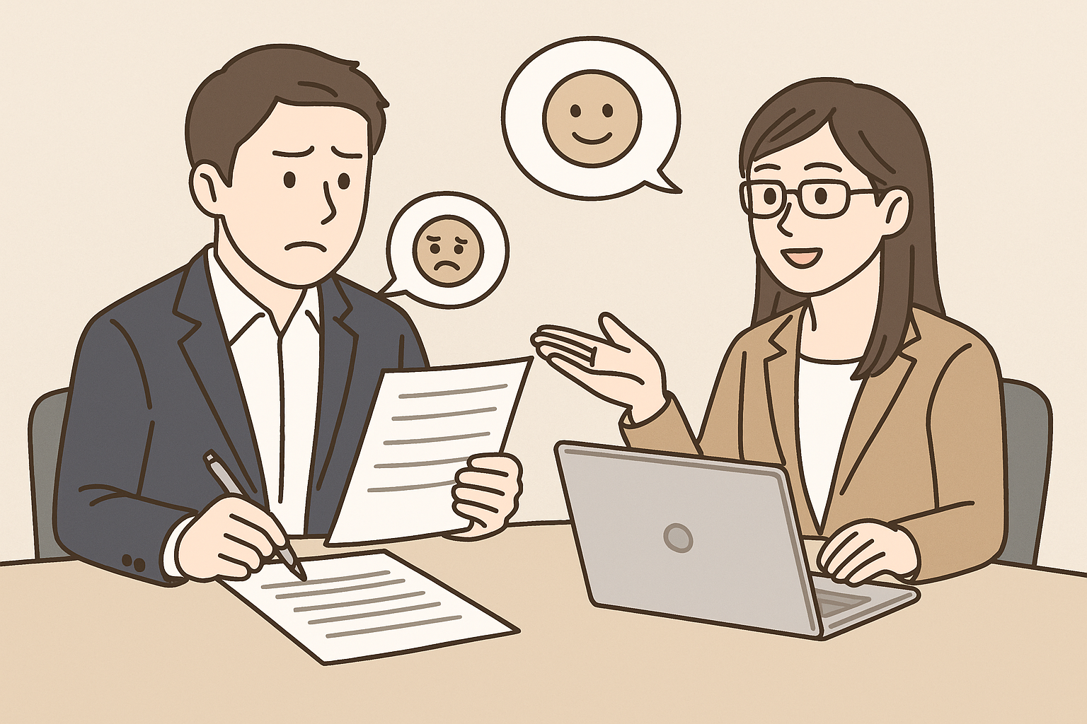 転職エージェントと面談し、本音を整理して言い換えている相談シーンのイメージ