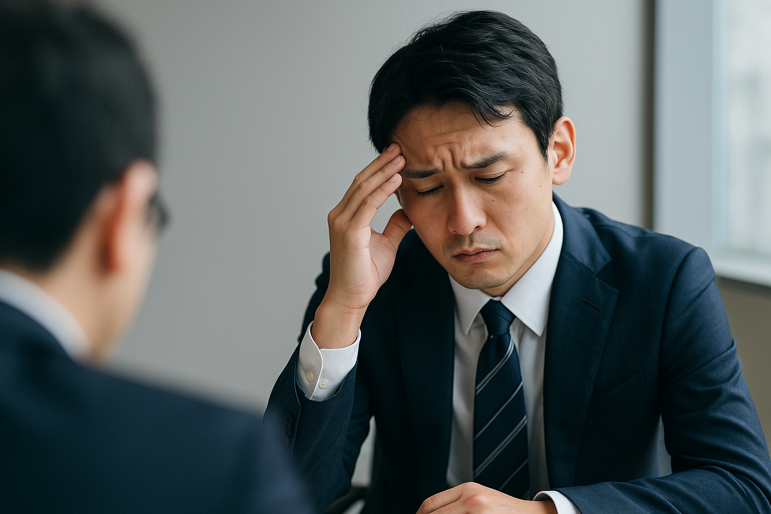 面接で転職理由をうまく言えず言葉に詰まってしまうビジネスパーソンの写真イメージ