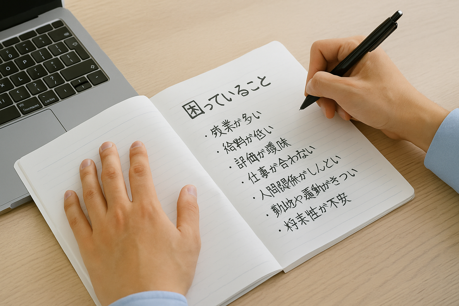 ノートに困っていることを書き出して転職理由を整理している手元の写真イメージ