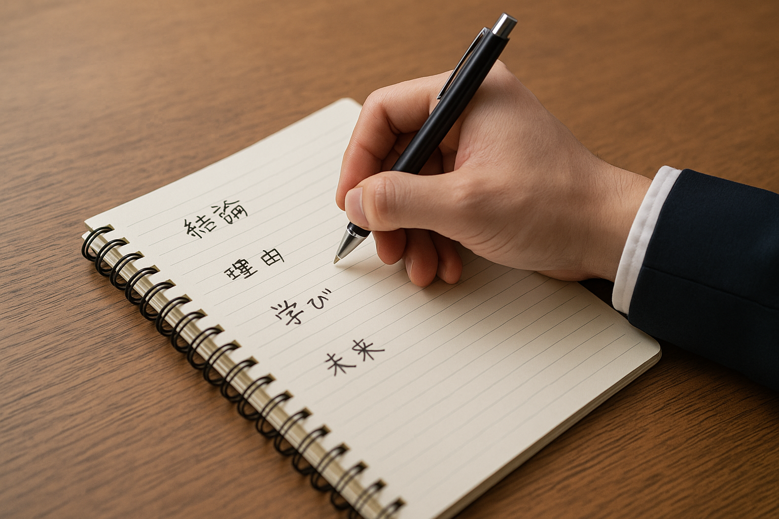 ノートに『結論→理由→学び→未来』の流れで整理しながら書き出している手元の写真イメージ