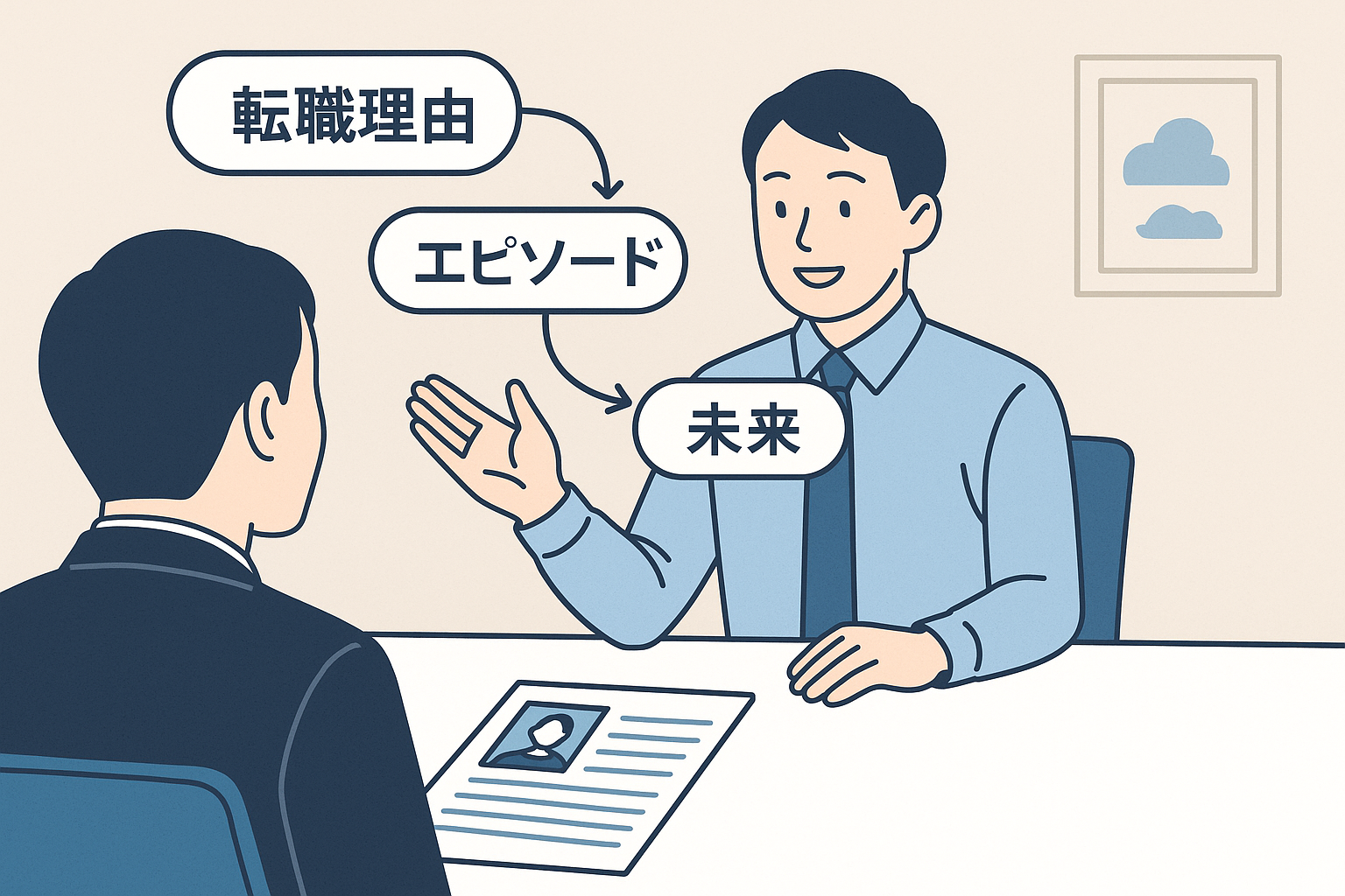 面接で転職理由やエピソード、未来について話しているイメージイラスト