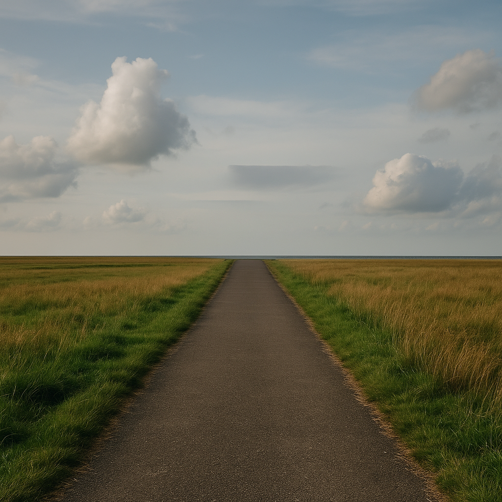 地平線の向こうで終わりに近づく一本の道をイメージした写真